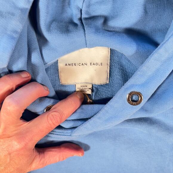 American Eagle Light Blue Hoodie M 100% Cotton Front Pouch Missing Drawstring - Picture 6 of 10